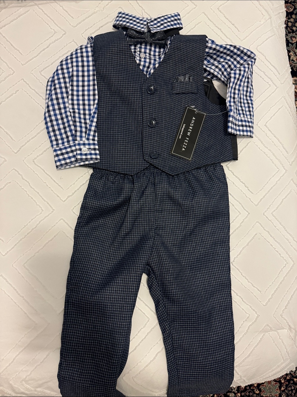 Andrew Fezza Navy and Blue Gingham Boys' Vest Set with Bow Tie
